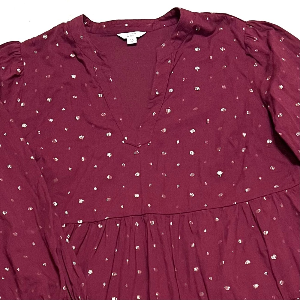 Crown & Ivy Dress Womens 1X Gold Embroidered Maroon Long Sleeve Boho Modal Blend - Picture 2 of 12